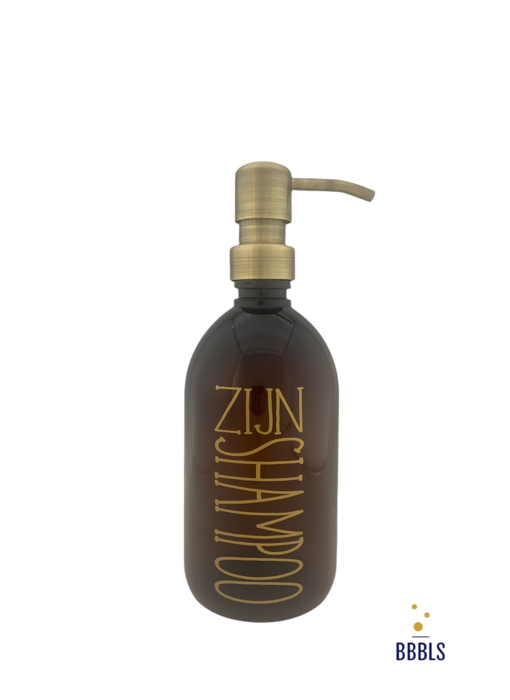BBBLS® Zijn shampoo tekst op een Zeepdispenser & Zeeppompje van amber plastic|500ml|Goud|Goud metaal pomp