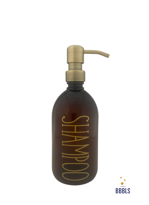 BBBLS® Shampoo tekst op een Zeepdispenser & Zeeppompje van amber plastic|500ml|Goud|Goud metaal pomp