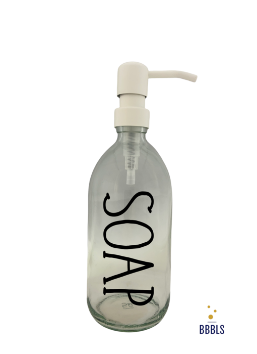 BBBLS® Soap tekst op een Zeepdispenser & Zeeppompje van transparant glas|500ml|Zwart|Mat wit metaal pomp