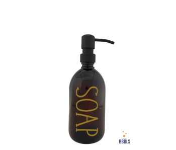 BBBLS® Soap tekst op een Zeepdispenser & Zeeppompje van amber plastic|500ml|Goud|Mat zwart metaal pomp