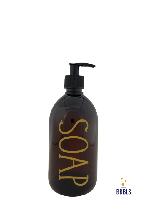 BBBLS® Soap tekst op een Zeepdispenser & Zeeppompje van amber plastic|500ml|Goud|Plastic pompje