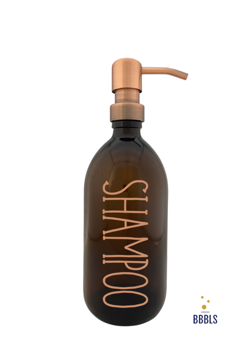 BBBLS® Shampoo koper tekst op een Zeepdispenser & Zeeppompje van amber glas|500ml |Mat koper metaal pomp