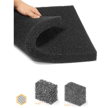 hq-filters PPI 15 Filterfoam - Dimensions: from 0.5 to 2 m² - Thickness from 5 to 50 mm.