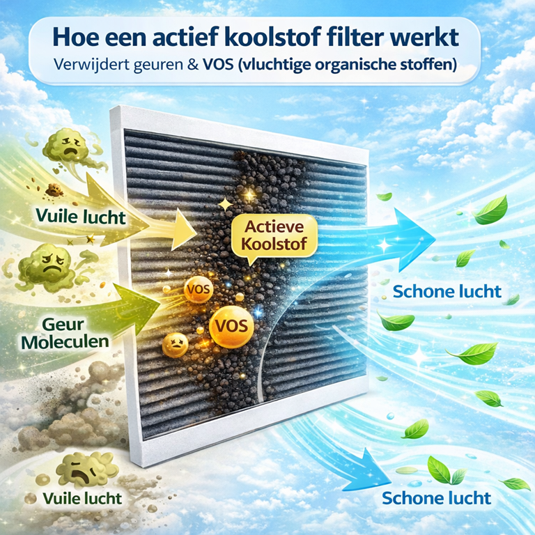 Werking van een actief koolstoffilter gecombineerd met een ePM1 fijnstoffilter in een WTW ventilatiesysteem