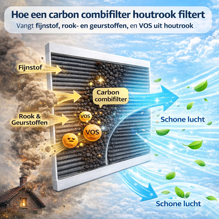 Hoe een carbon combifilter houtrook filtert door fijnstof, rook- en geurstoffen en VOC’s uit de lucht te verwijderen