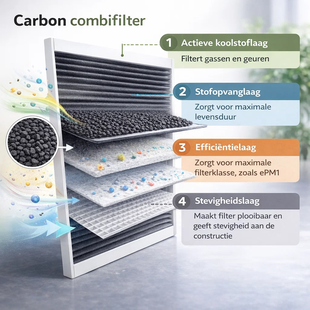 Opbouw van een carbon combifilter met actieve koolstoflaag, stofopvanglaag, efficiëntielaag en stevigheidslaag