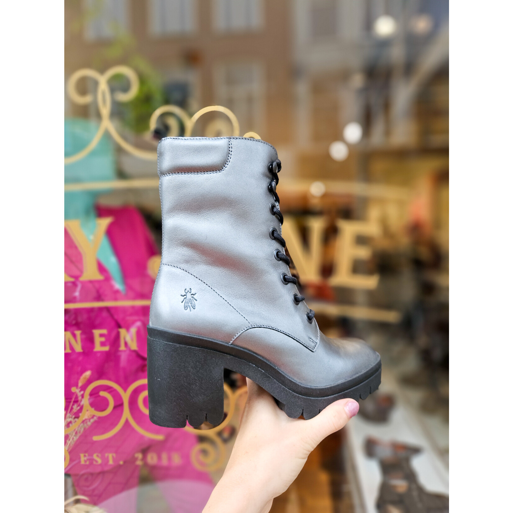 Fly London leren veterboot hak TIEL zilver/grijs