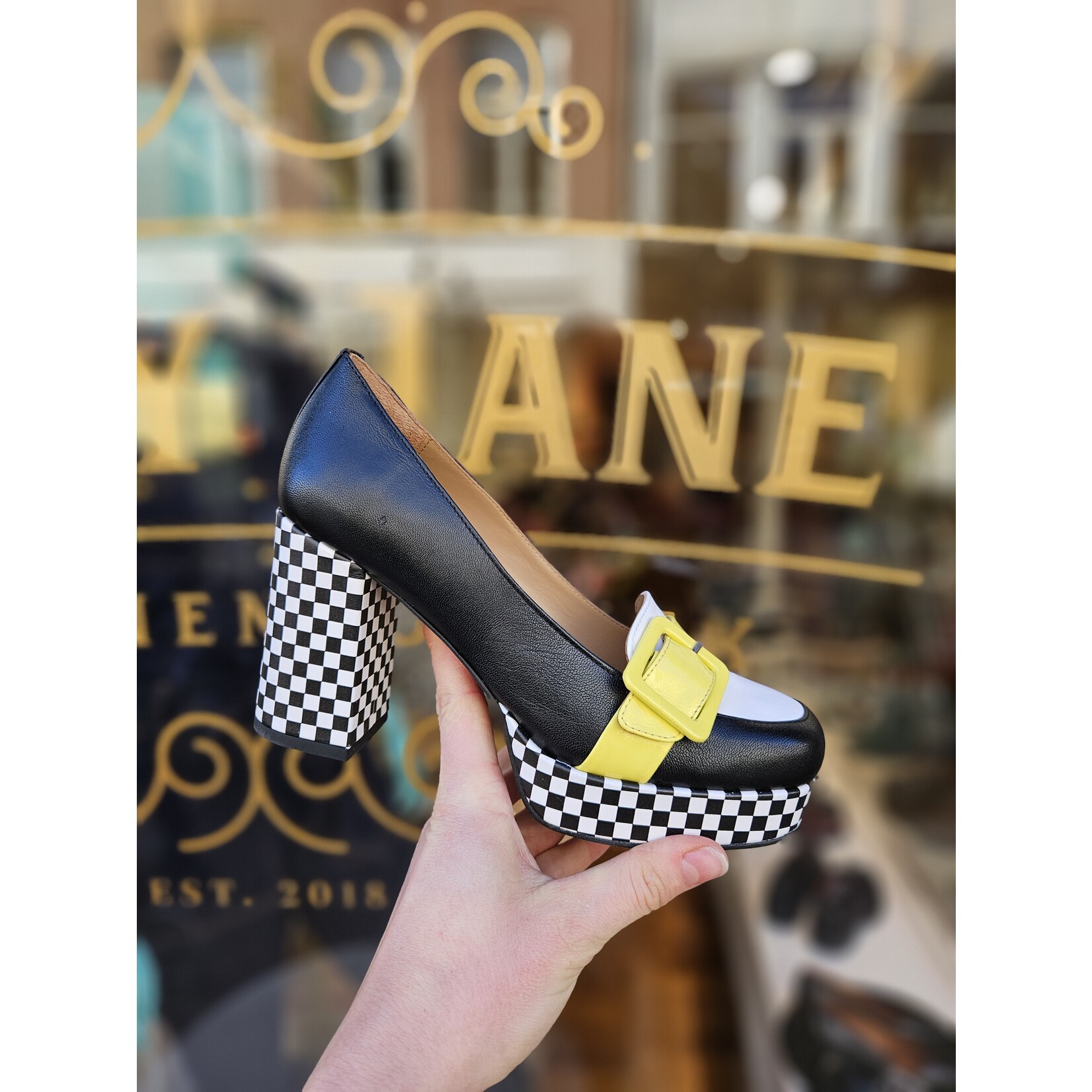 Fly London pump plateau ELLO zwart/wit/geel
