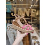 Mjus sleehak raffia t-strap sandaal PEACH cognac/roze