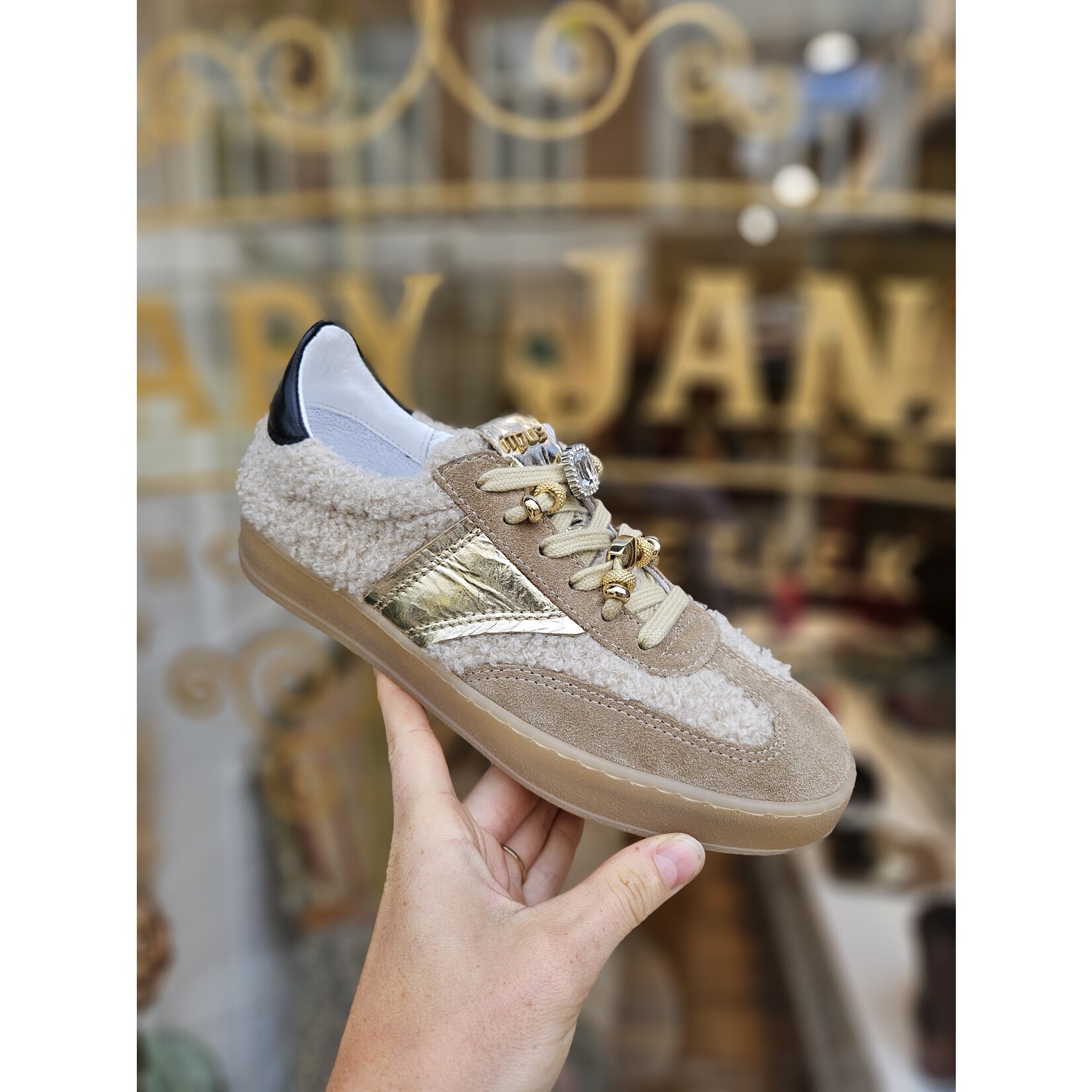 MJUS, leren sneaker Bianca teddy beige/goud