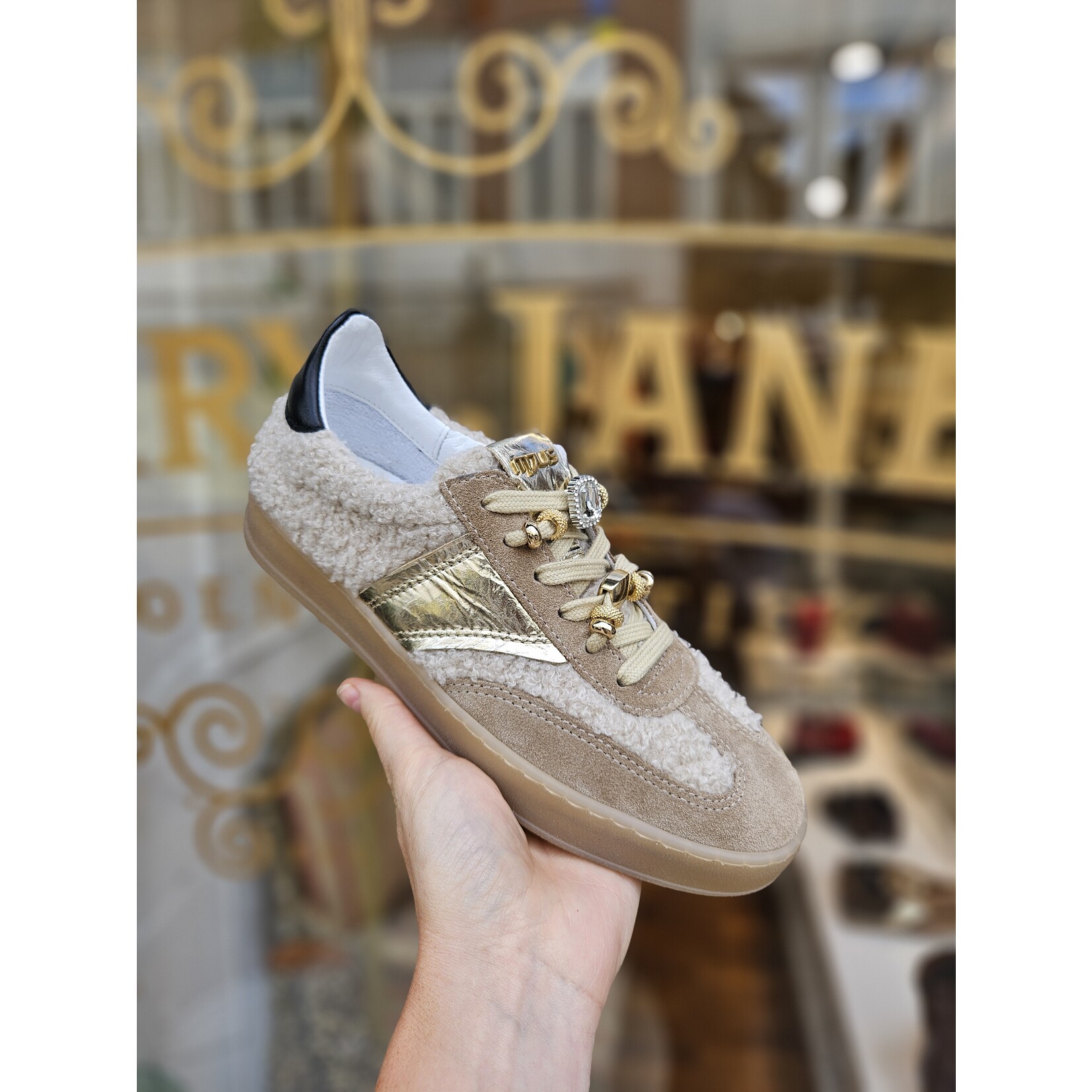 MJUS, leren sneaker Bianca teddy beige/goud