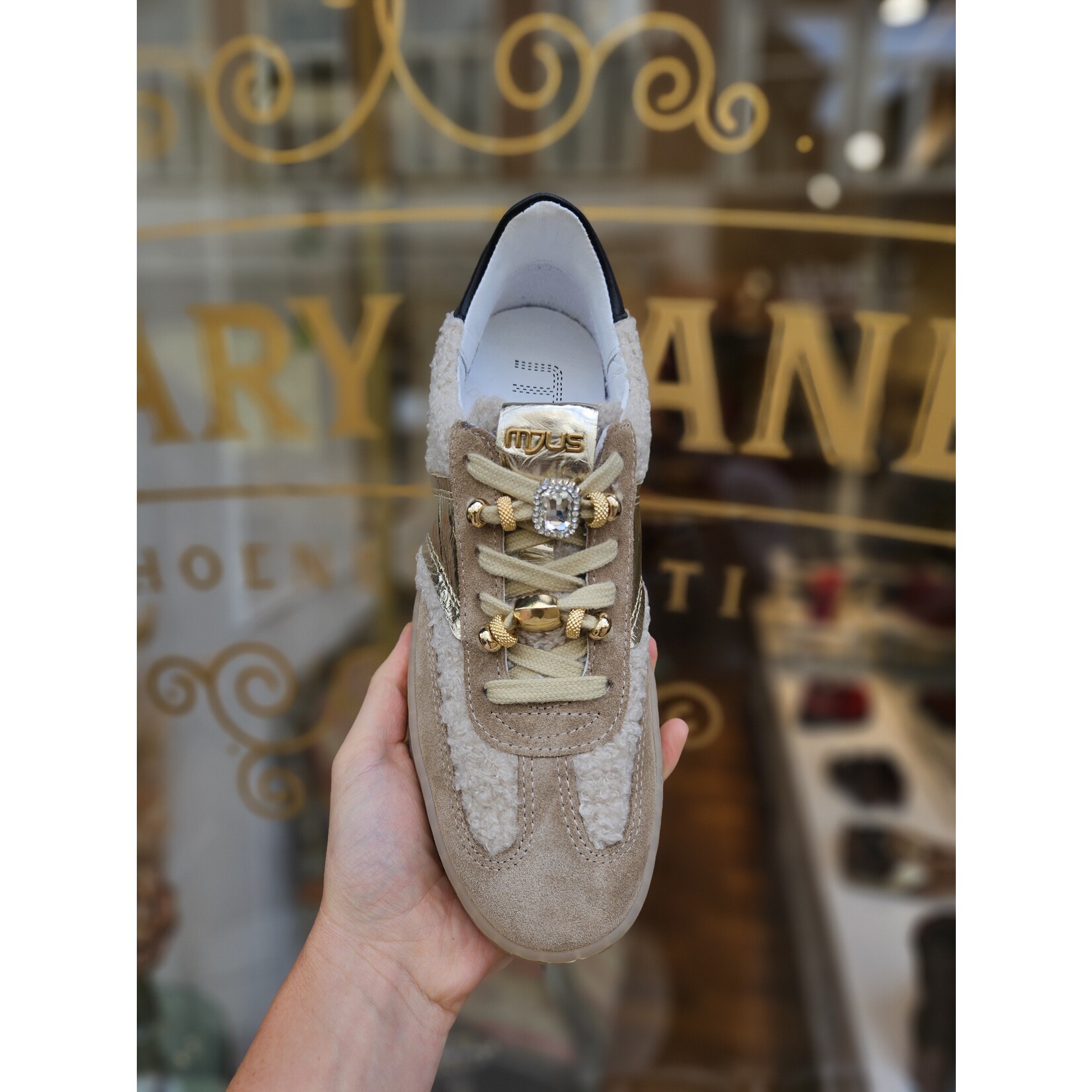 MJUS, leren sneaker Bianca teddy beige/goud