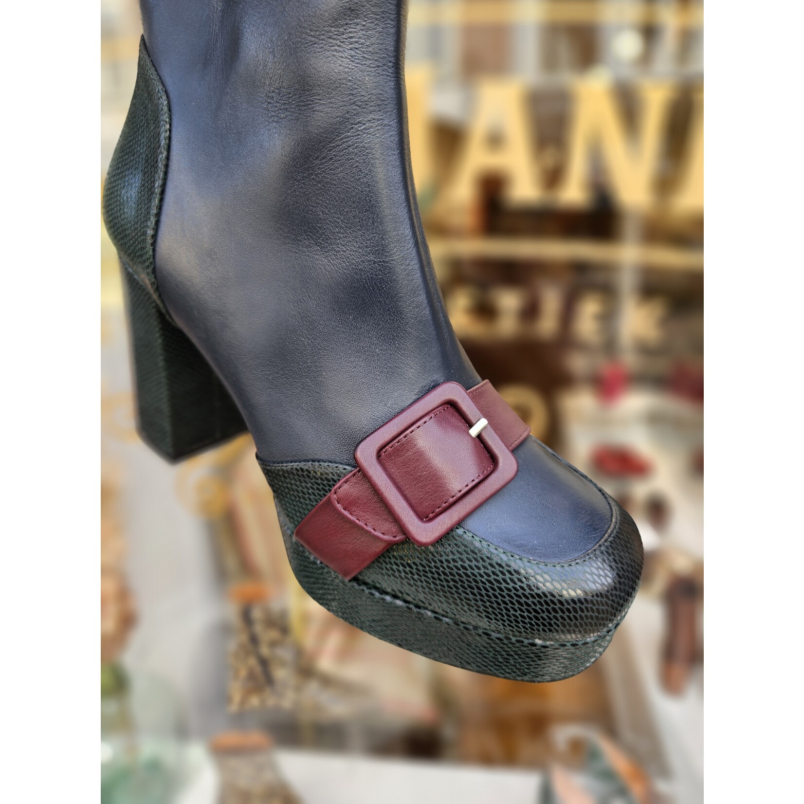 Fly London, leren enkellaar platform Efol blauw/groen