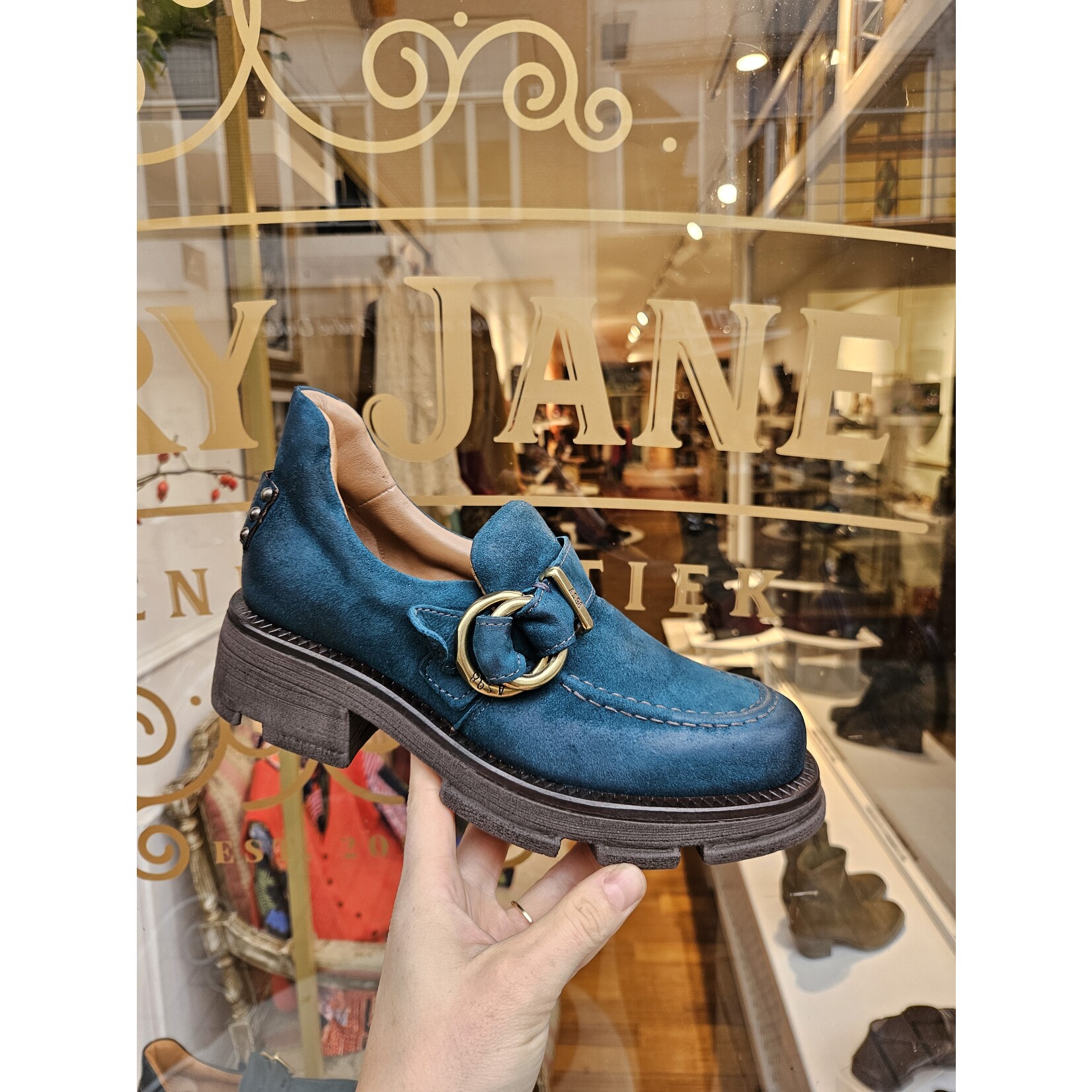 AS98 leren instapper buckle EVON petrol/blauw