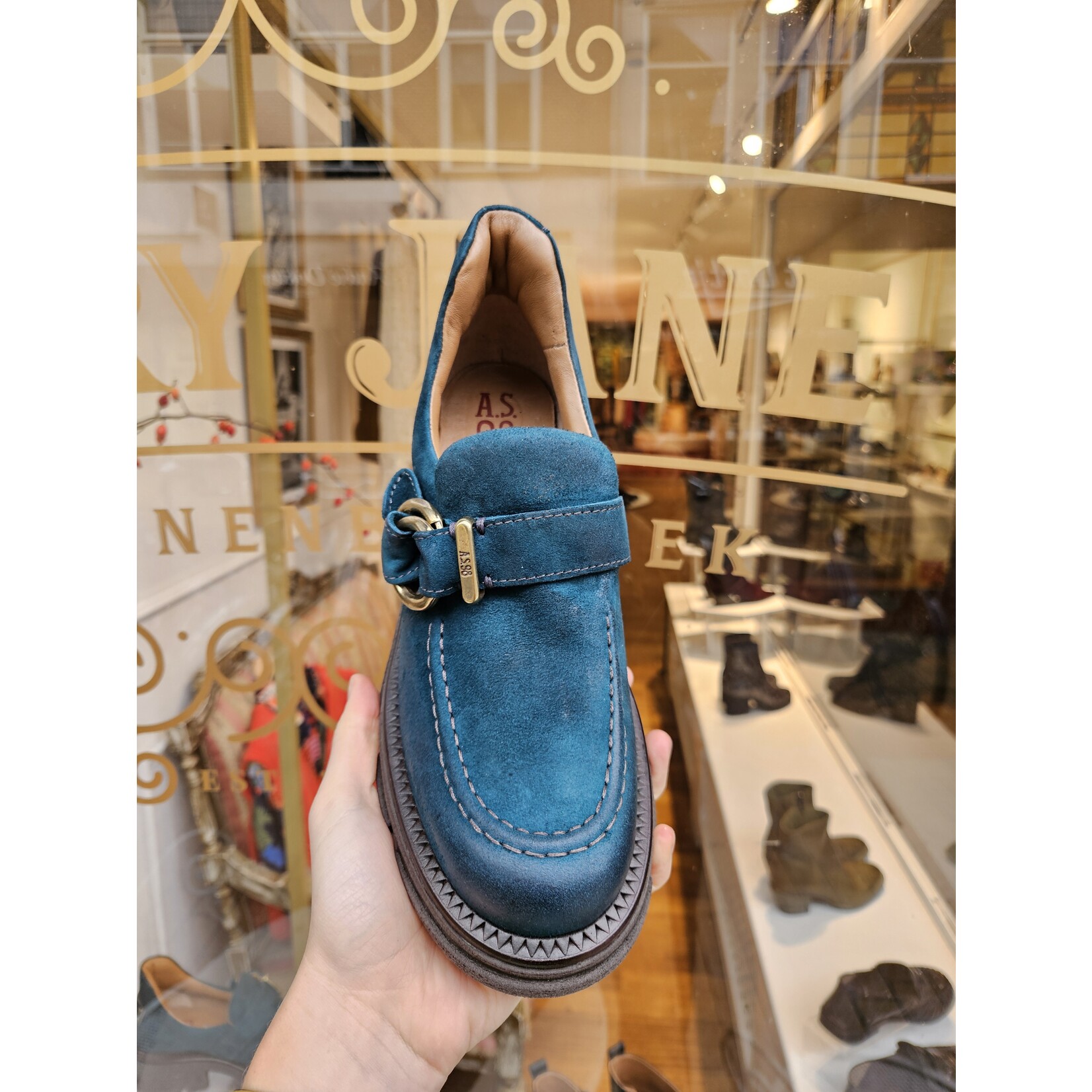 AS98 leren instapper buckle EVON petrol/blauw