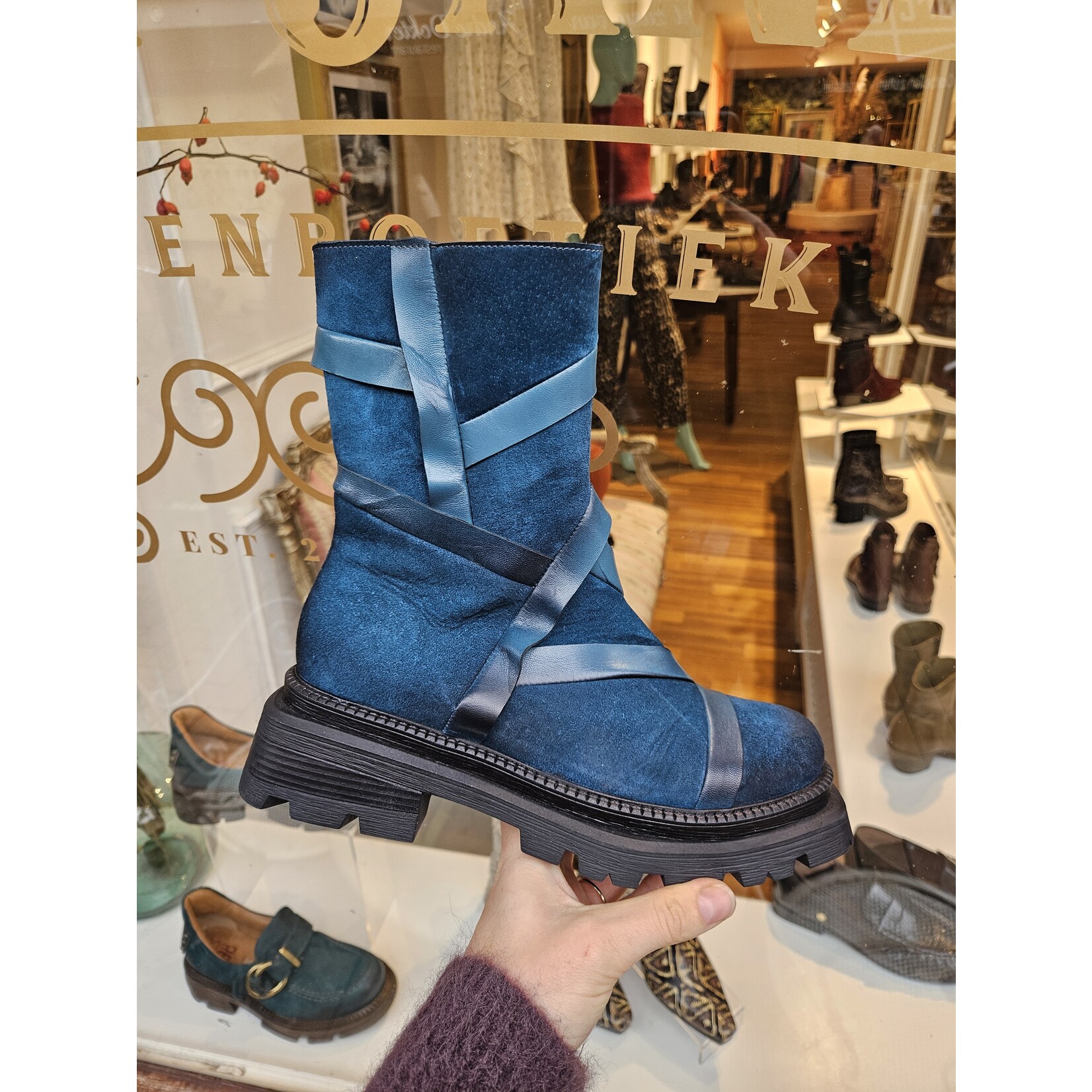 PAPUCEI leren hoge laars strook GAMMA blauw