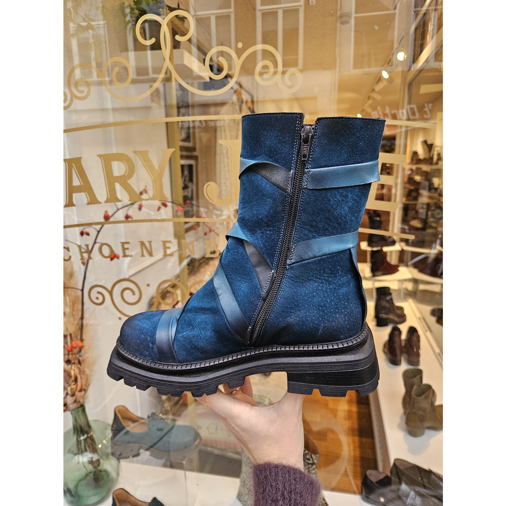 PAPUCEI leren hoge laars strook GAMMA blauw