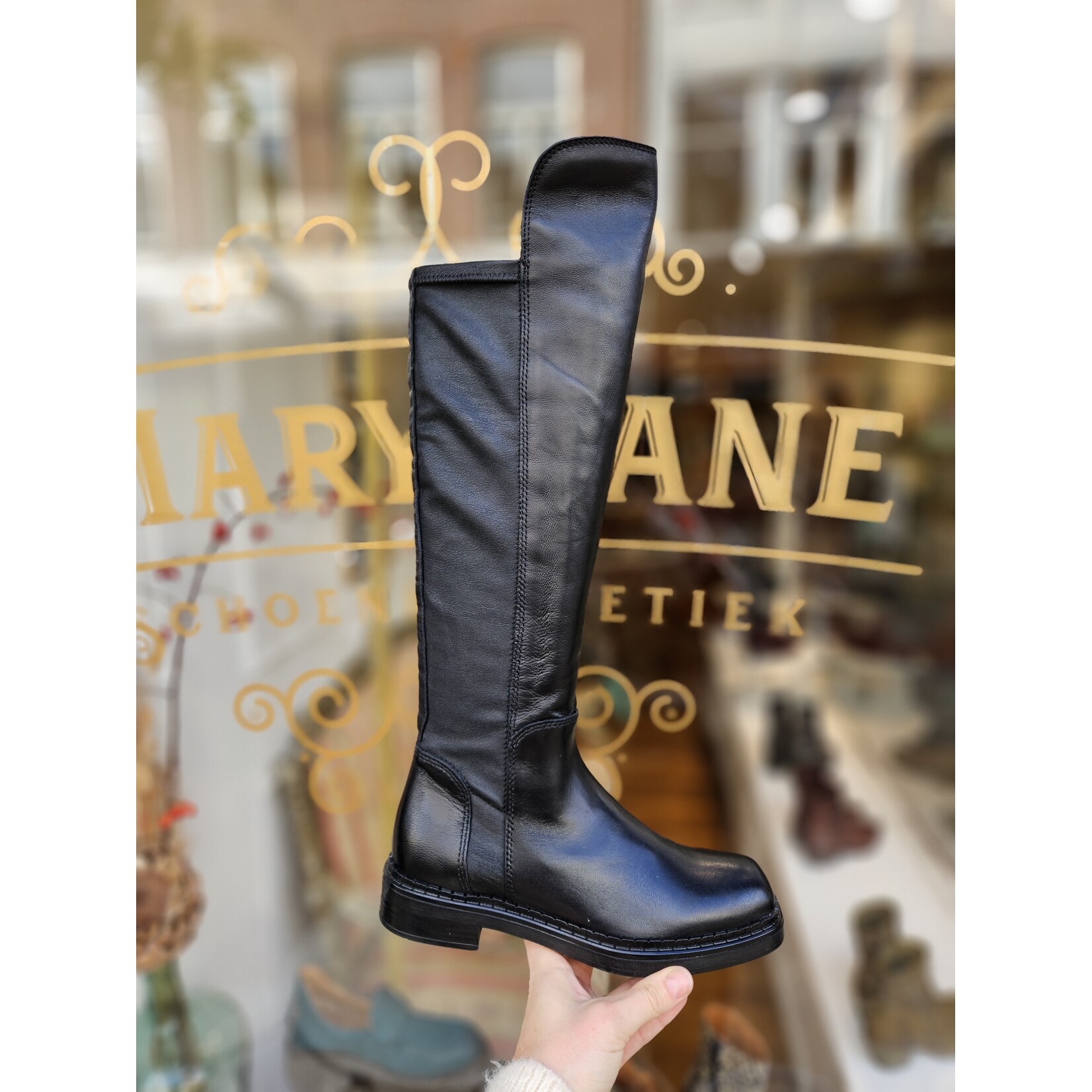 MJUS hoge leren laars plat CATHY zwart