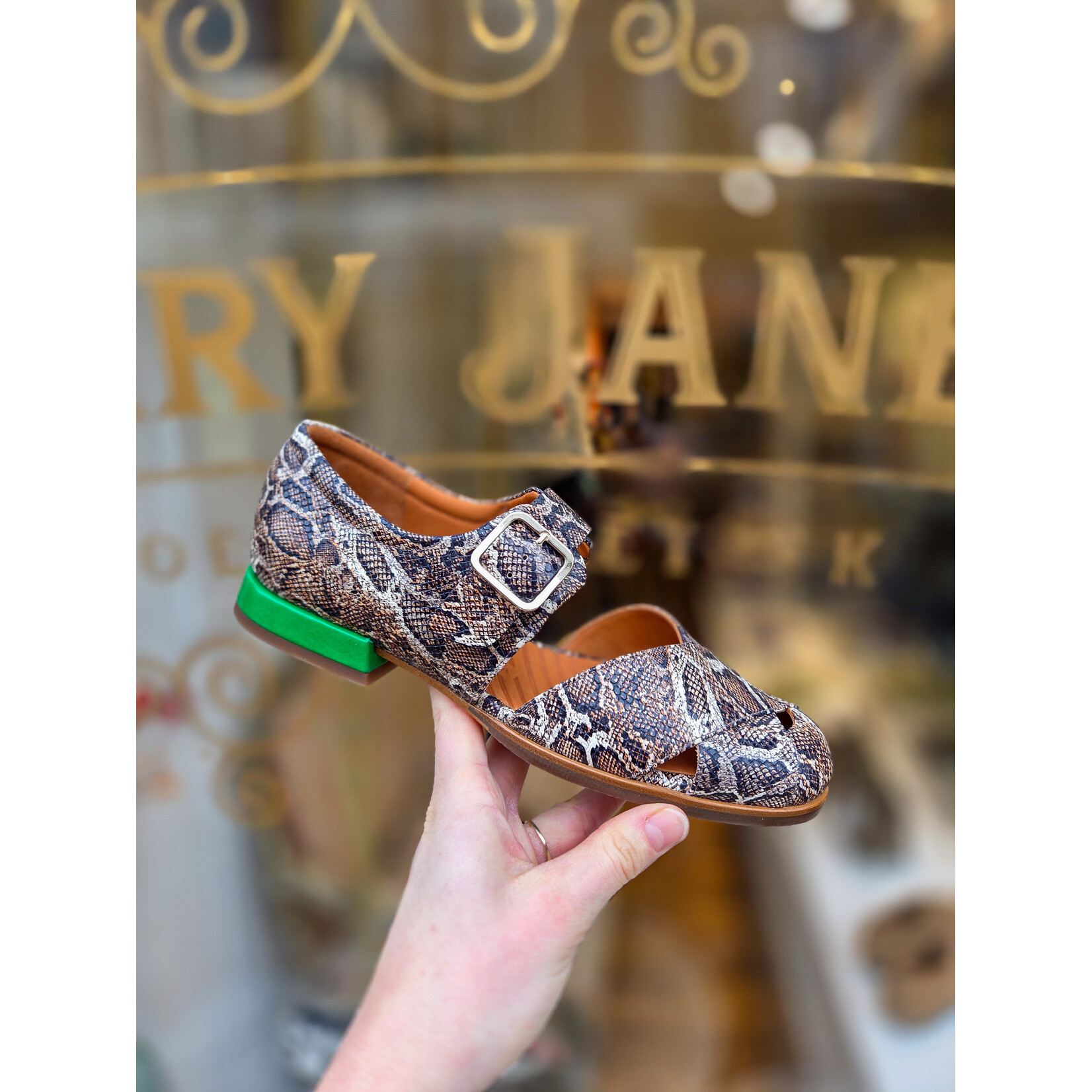 Chie Mihara instapper gesp XEIA print bruin groen