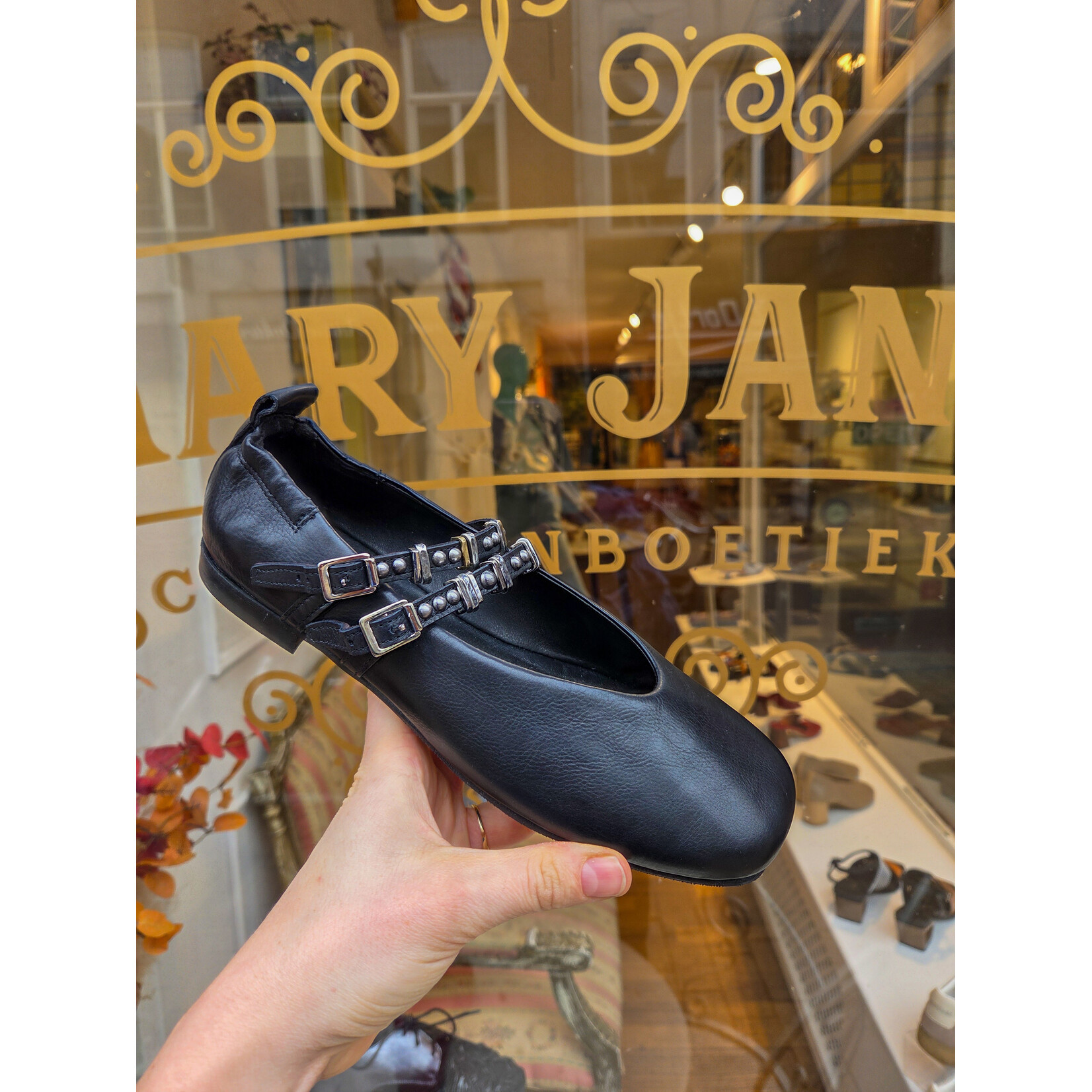 Mjus leren ballerina bandjes MONA zwart