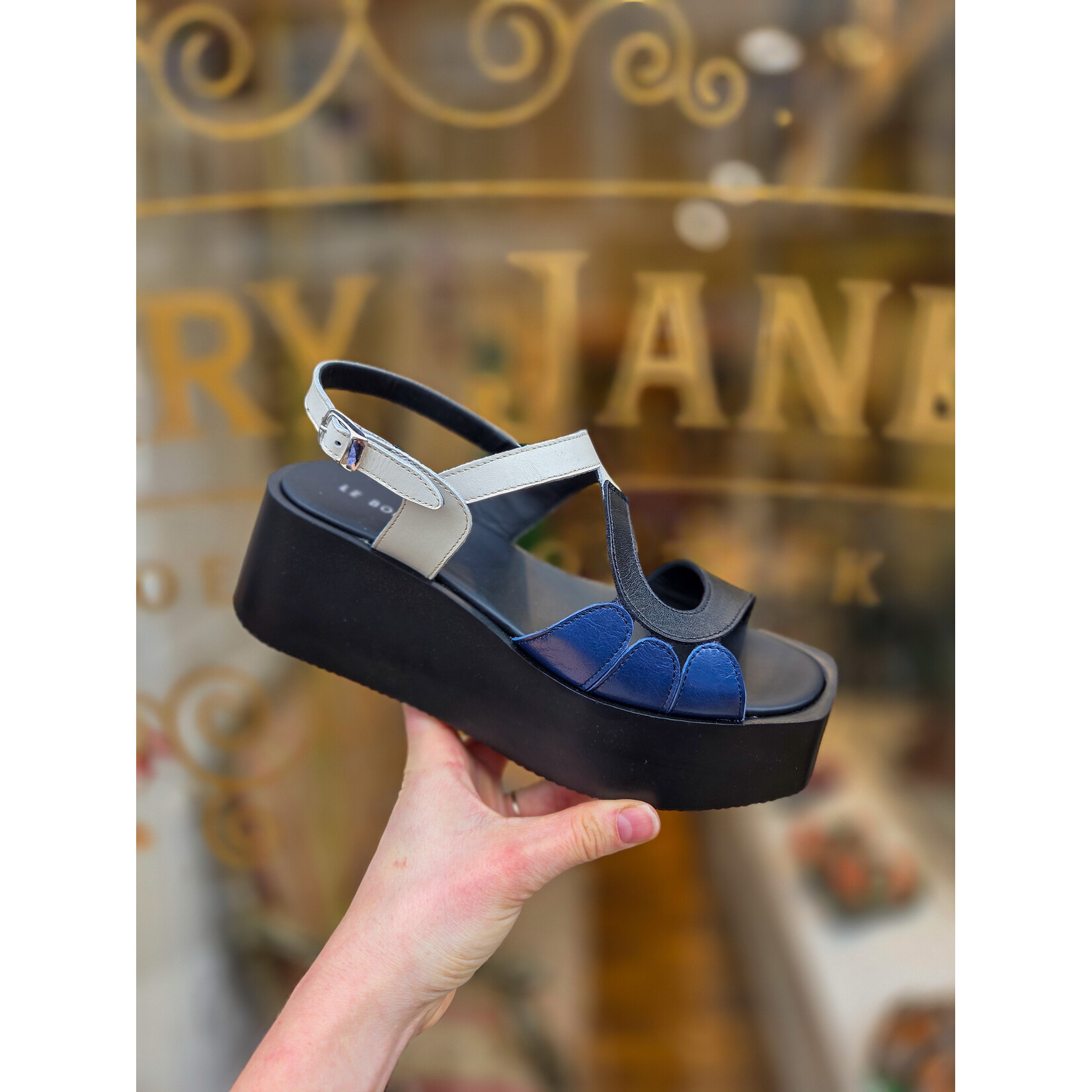 Le Bohemien plateau sandaal ZE13 blauw z/w