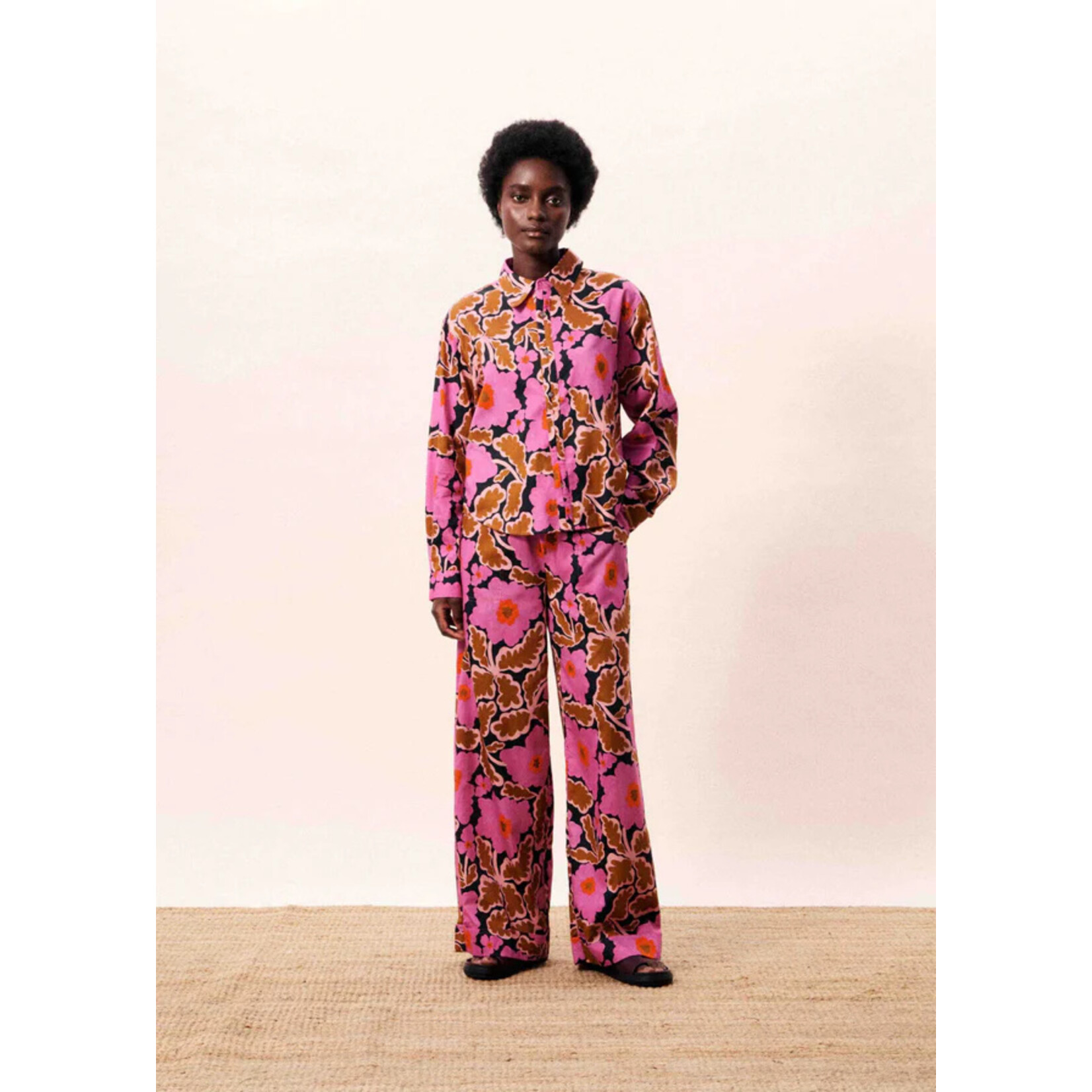 FRNCH FRNCH pantalon LOTUS print bloem roze/bruin/oranje
