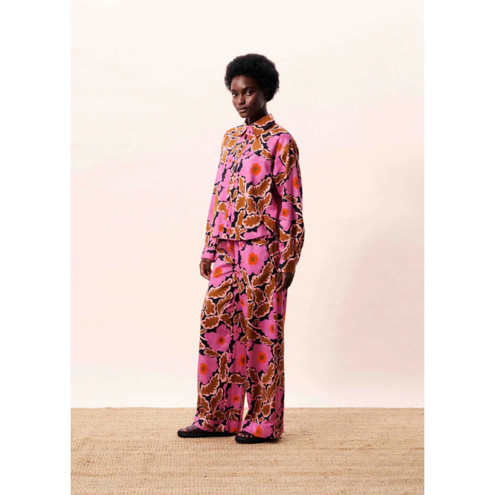 FRNCH FRNCH pantalon LOTUS print bloem roze/bruin/oranje