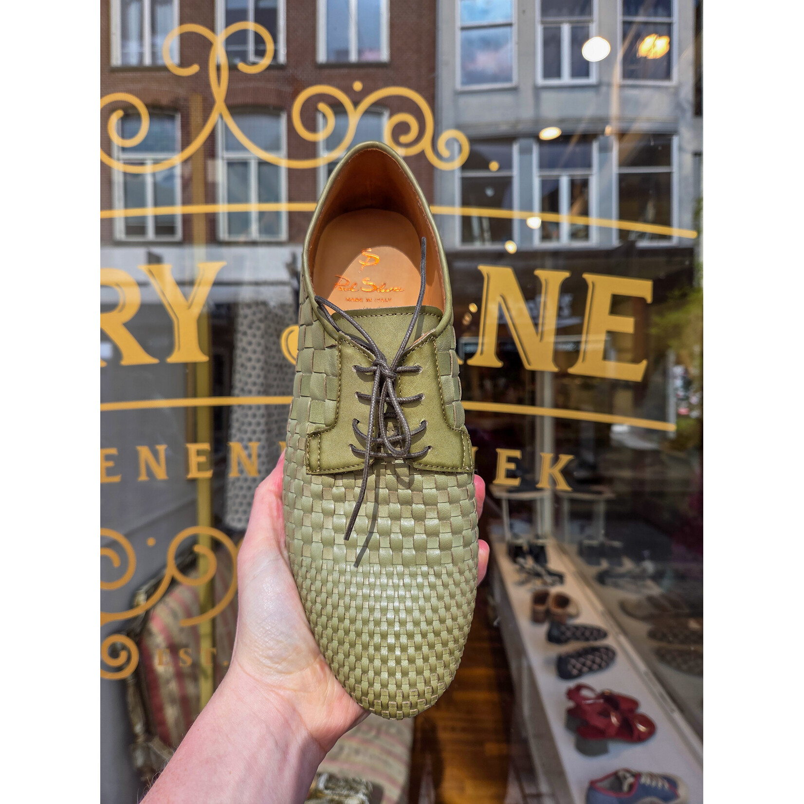 Paul Silence leren handgemaakte gevlochten veterschoen DB31 groen