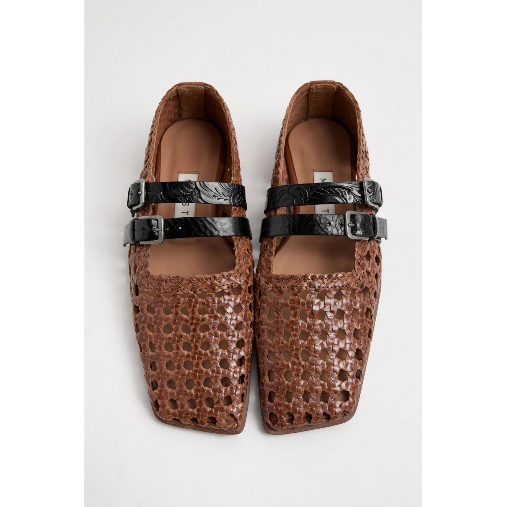 Miista leren woven ballerina strappy KIRAN bruin/zwart