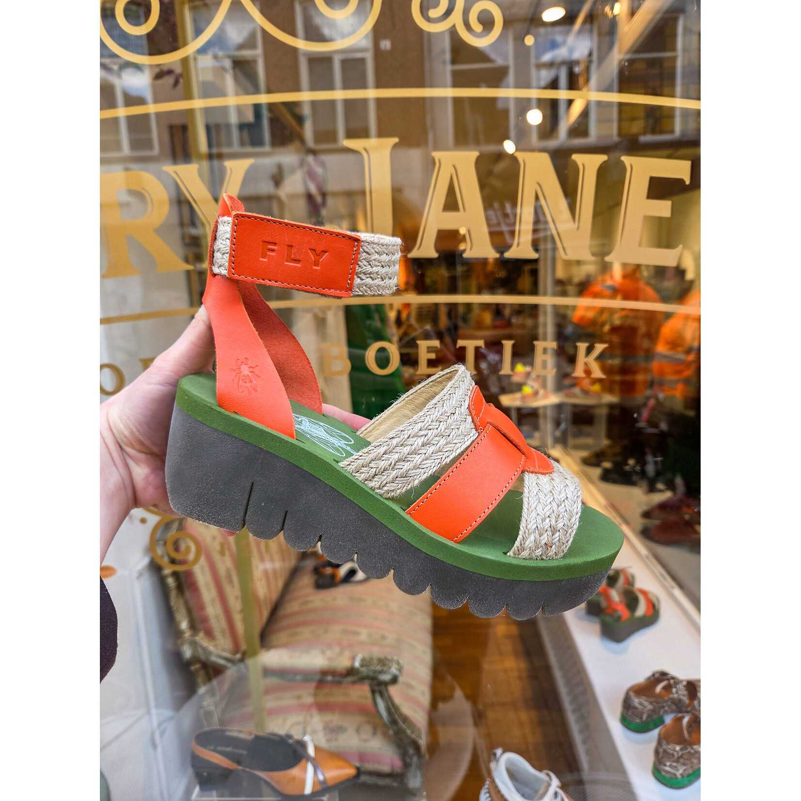 Fly London sandaal gevlochten YORY oranje/groen