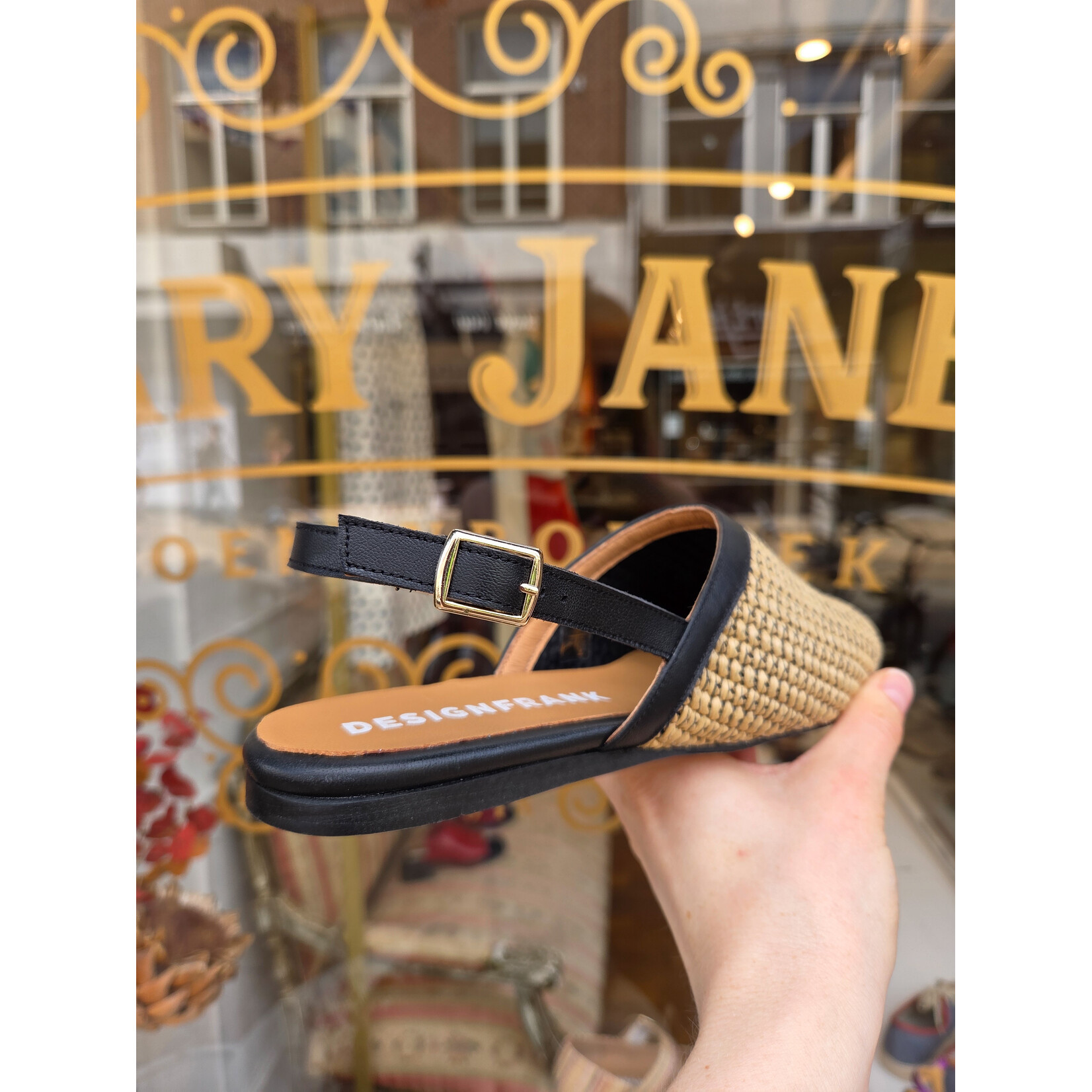 FRANK slingback muil raffia VINCE zwart/zand