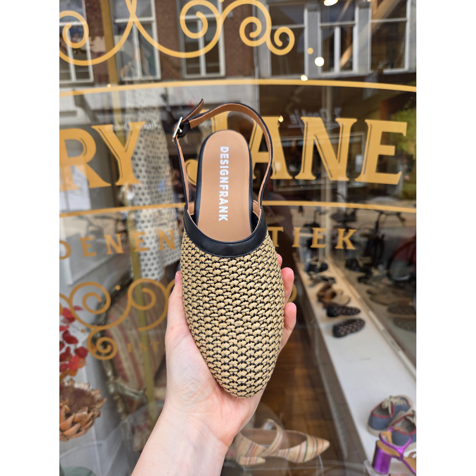 FRANK slingback muil raffia VINCE zwart/zand