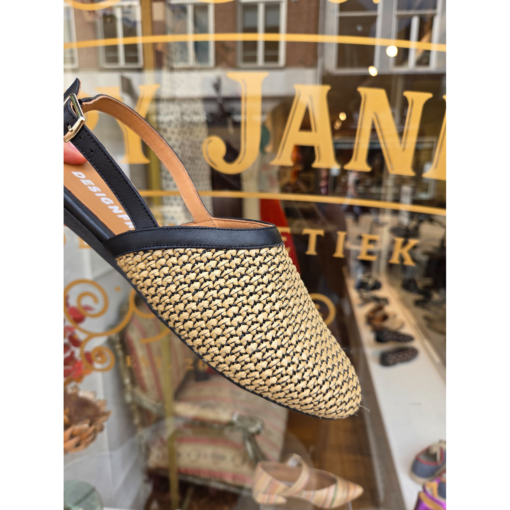 FRANK slingback muil raffia VINCE zwart/zand