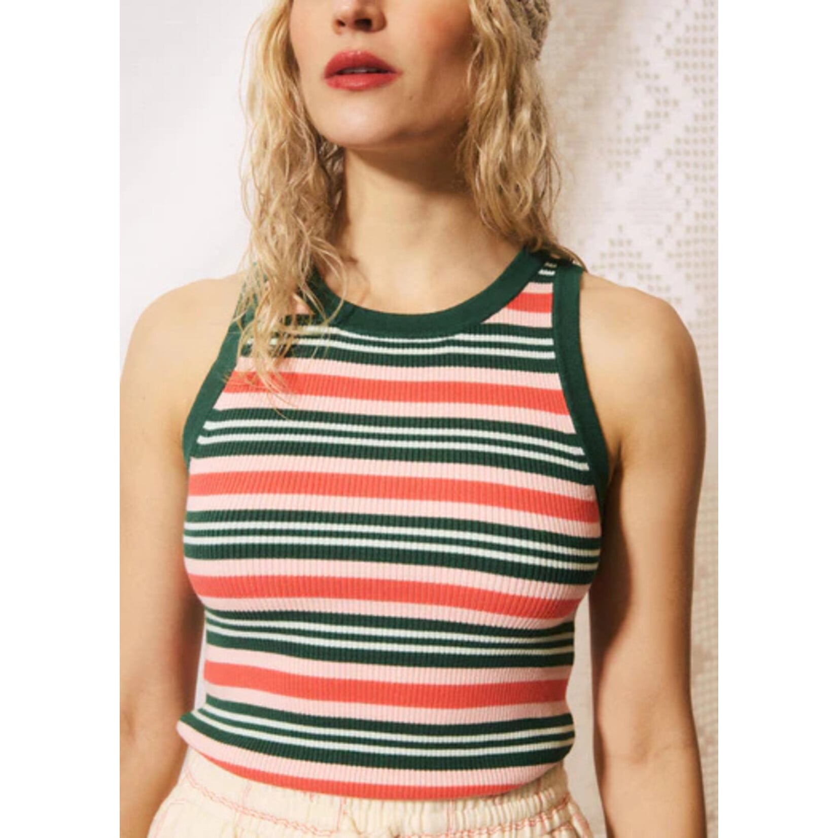 FRNCH FRNCH viscose katoen singlet NUNZIA gestreept groen/koraal