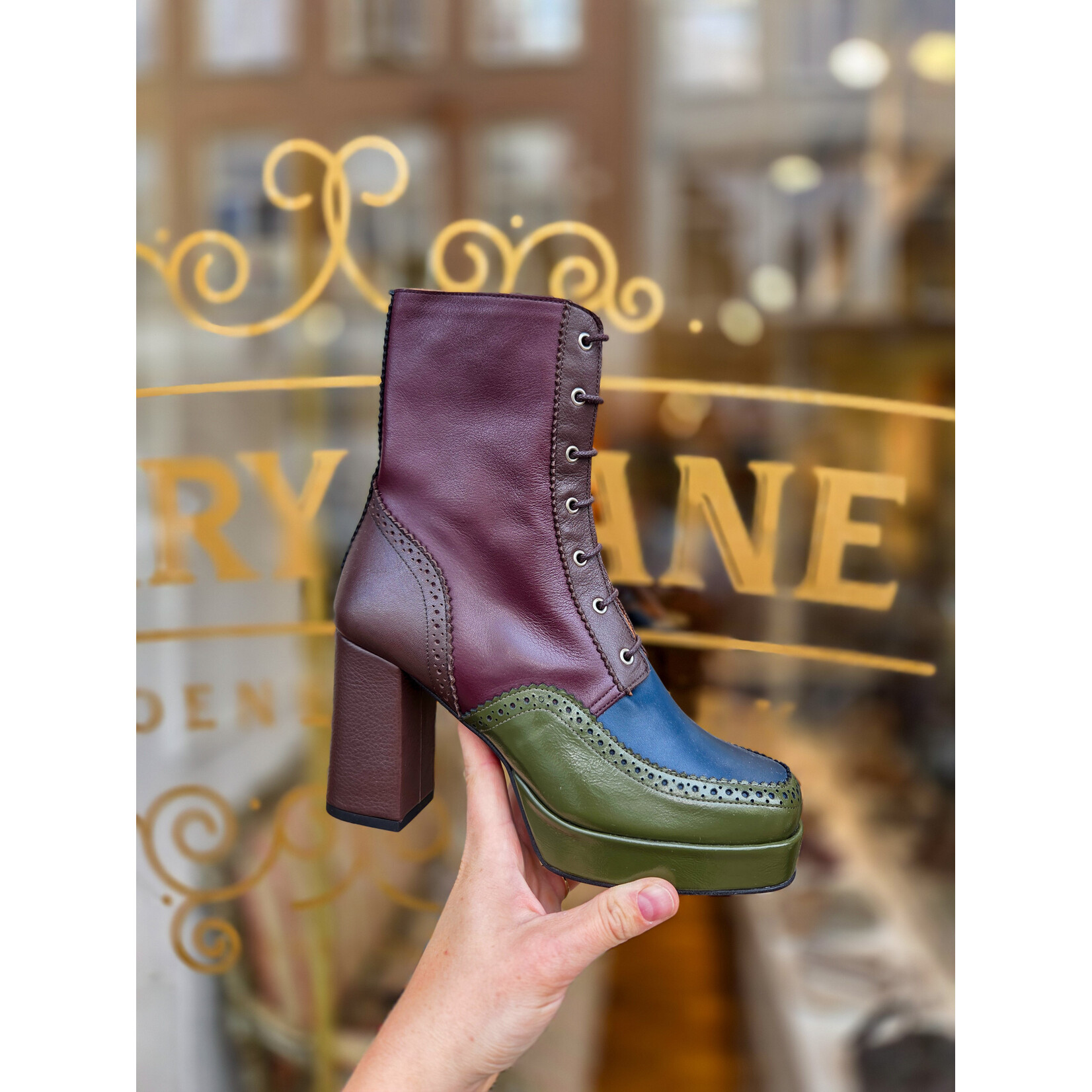 Fly London leren enkellaarsje ELUN sea kelp/navy/dark brown/wine