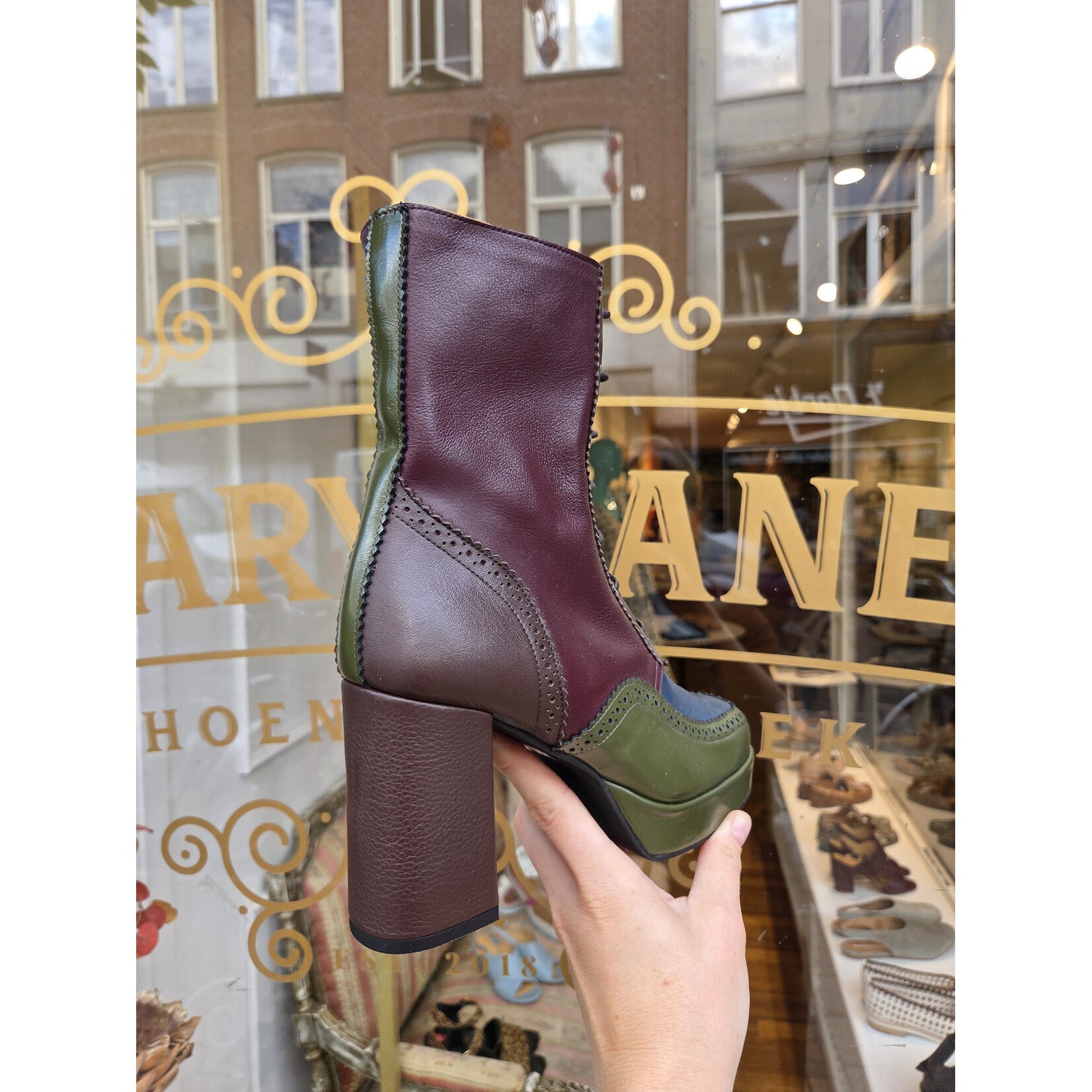 Fly London leren enkellaarsje ELUN sea kelp/navy/dark brown/wine