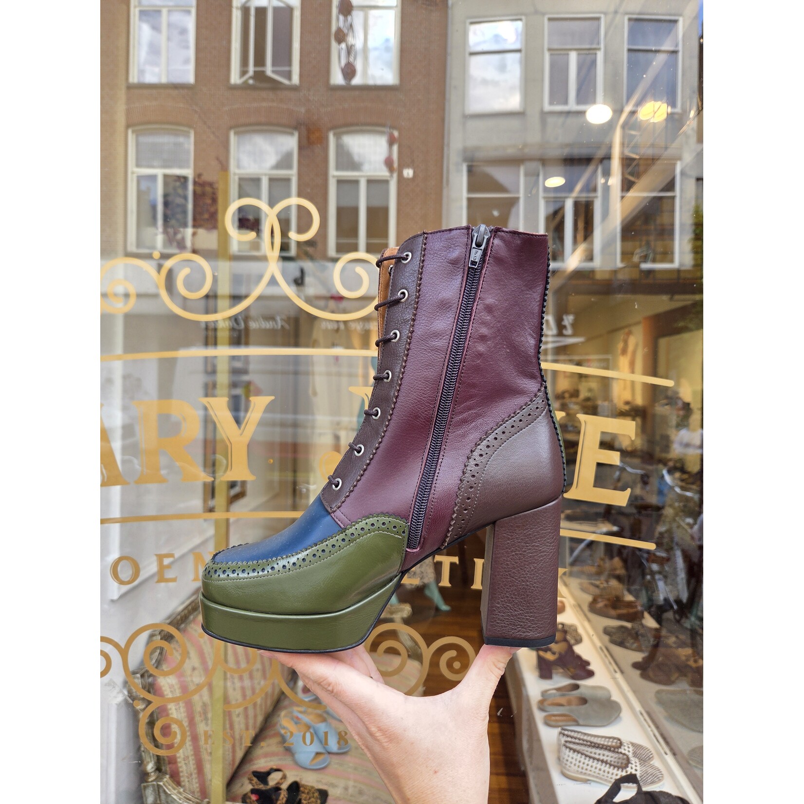 Fly London leren enkellaarsje ELUN sea kelp/navy/dark brown/wine