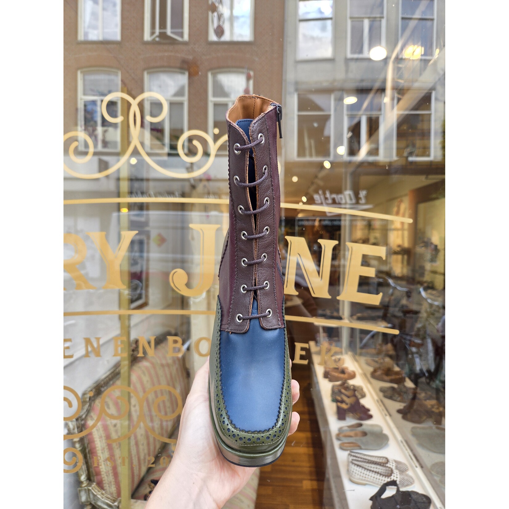 Fly London leren enkellaarsje ELUN sea kelp/navy/dark brown/wine