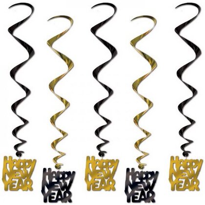 Hangdecoratie Whirls Happy New Year Goud-Zwart