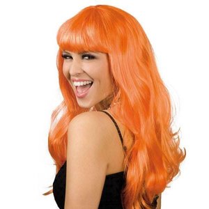 Pruik lang haar met pony oranje Op is Op