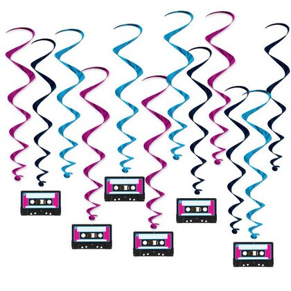 Hangdecoratie Whirls cassettebandjes 12 stuks