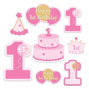Decoratie 1 jaar Happy Birthday roze 8 stuks