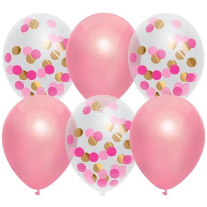 Ballonnen roze en transparant met confetti 6 stuks