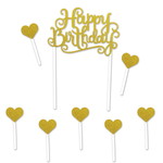 Taartdecoraties Happy Birthday Hearts goudkleurig