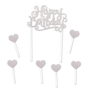 Taartdecoraties Happy Birthday Hearts zilverkleurig