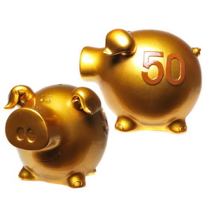 Spaarvarken 50 jaar goudkleurig Op is Op