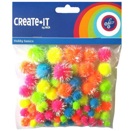 Pompoms glitter neon mix 75 stuks