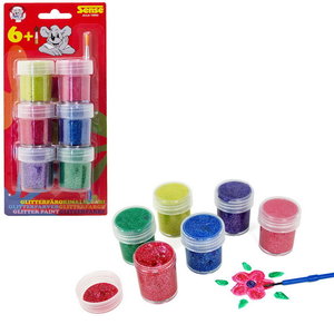 Glitterverf 6 potjes en een kwastje Op is Op