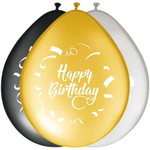 Ballonnen Happy Birthday goud zwart zilver
