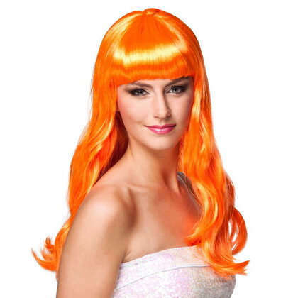 Pruik lang haar met pony oranje